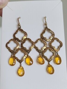 Gold Tone Vintage Style Clover Chandelier Yellow Crystal Drop Dangle Earrings